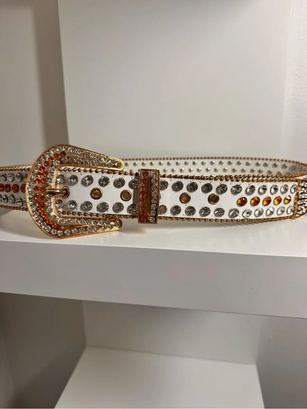 New/In Box White Crystal-Embellished Belt with Gold Buckle